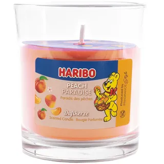 Haribo Peach Paradise Duftkerze Paraffinwachs HxT 8,5 x 7,5 cm Kerze im Glas, Aromakerze, Geschenkidee, orange
