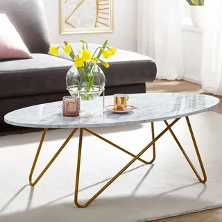 FineBuy Couchtisch 120x40x60 cm mit Marmor Optik Weiß Wohnzimmertisch mit Metall-Gestell Sofatisch Oval Tisch Wohnzimmer Loungetisch - Weiß