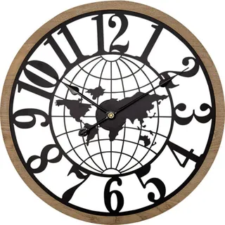 Wanduhr Mundu E04.4528 aus Holz und Metall, 60 cm breit, mit Weltmotiv, Zifferblatt mit Holzlünette