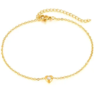 Bewenda Fußkettchen für Damen, Fussketten für Frauen Gold, Klassisch Fußkette Zirkon mit Herz, Flexibe Verstellbare Fußspange Knöchel-Kette Armband, Sommer Strand Wasserfest Fußschmuck für Freundin