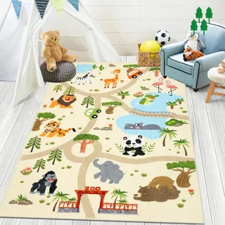 Enyhom Dicker Spielteppich Kinderteppich Ultraweiche rutschfest Spielmatte Waschbar Zoo Tiere Kinderteppich für Mädchen Jungen,Straßenteppich, 150 x 200 cm