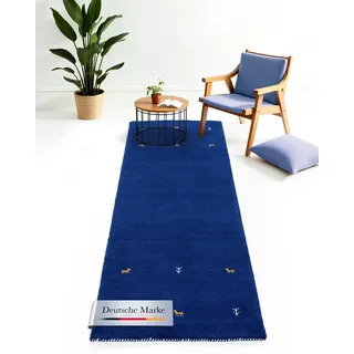 carpetfine Gabbeh Uni Wollteppich 60 x 180 cm Blau