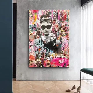 DASHBIG Pop Graffiti Kunst Audrey Hepburn Porträt Kunstdrucke Street Art Promi Poster Leinwand Malerei Wandbilder Wohnzimmer Dekor | 50x70cm Kein Rahmen