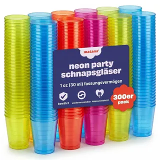 MATANA 300 Bunte Shotgläser Plastik, Schnapsgläser (3cl) - Neon Becher Schwarzlicht - Schnapsbecher, Plastik Pinnchen, Schnaps Becher, Shotbecher - Party Zubehör - Stabil & Mehrweg