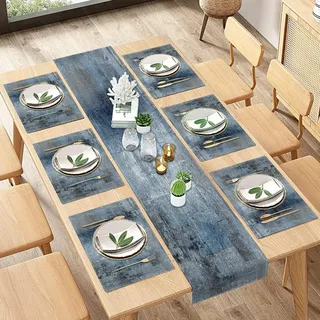 ArtSocket Farmhouse Tischläufer und Platzsets, 6er-Set, abstraktes blau-grau-grau, Vintage-Malerei, Kunst, Esstischdekoration für den täglichen Gebrauch (1 Tischläufer 183 cm lang und 6 Platzdeckchen)