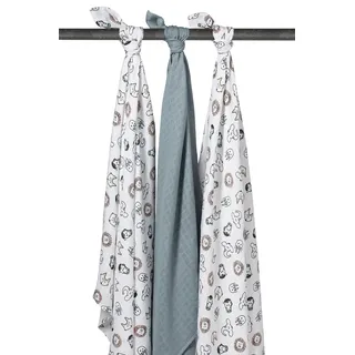 Meyco Baby Mullwindeln 3er Pack - 120x120cm - Musselin Spucktücher/Pucktuch - 100 % weiche Baumwolle - Oeko Tex zertifiziert - saugfähig, hautfreundlich & atmungsaktiv - Animal - Steingrün/Weiß