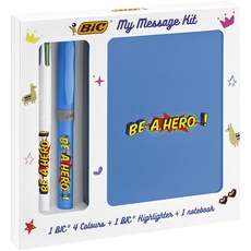 BIC 997977 Schreibwaren Set: 1 4-Farben-Kugelschreiber, 1 Notizbuch und 1 Textmarker in Pink, My Message Kit Be A Hero