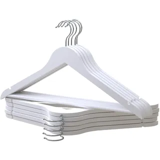 PORTENTUM Kleiderbügel Holz, 10 Stück, Weiß - 360° Drehbarer Haken, Rockkerben für Kleider und Blusen, Rutschfester Hosensteg, Geeignet für Anzüge, Hemden, Jacken