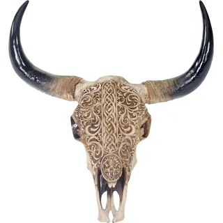 Deko Schädel 65cm HWC-T454, Polyresin Stier Bulle Longhorn Kopf Trophäe mit Tribal, In-/Outdoor - Beige