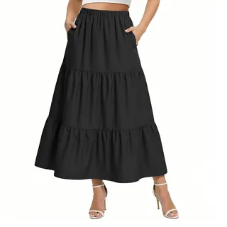 BSBUY Röcke für Damen mit Taschen, Basic Solid A-Line Elegante | Plisseerock Knielang Skater Röcke, Boho Maxirock Casual Elastischer Bund Lang Hohe Sommerrock Langrock