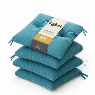 Bjird Wasserdichtes Stuhlkissen 45x45 cm – Gartenkissen für Stühle & Sessel – Dickes Sitzkissen 6 cm – Outdoor Sitzauflage für Gartenmöbel – Wetterfest & Pflegeleicht - 4er Set - Blau