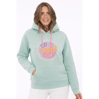 Zwillingsherz Hoodie ""Love Yourslef"", runde große Frontstickerei, farbige Kordel, Kängurutasche, türkis