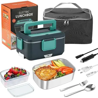 Elektrische Lunchbox - Speisenwärmer 2,5 l - 12V/24V/220V - 90W Schnellaufheizung - 304 Edelstahl - 2 herausnehmbare Fächer - Für Auto Zuhause Büro - Grün - Grün