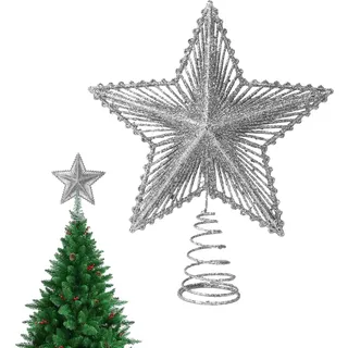 SSKHE Stern Spitze Weihnachtsbaum – Dekoration Stern Glitter Christmas Tree Topper Decoration Christmas Tree Star Decorations Wiederverwendbar, Star Glitter, Weihnachtsdekoration, Festlicher (Silber)