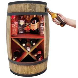 Rustikale Flaschenfass-Bar aus Holz mit X-Regal, Flaschenöffner und RGB-LED-Beleuchtung - Dunkelbraun