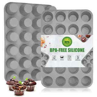 2 Stück Mini Muffinform Silikon für 24 Muffins, Antihaft Muffin Backform | BPA-frei Muffinblech 24er, Muffinform Blech für Cupcakes, Brownies, Pudding (Grau)