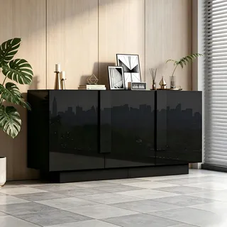 MODFU Wohnzimmer Sideboard Aufbewahrungsschrank mit 6 Ablagefächern und viel Stauraum Hochglanz-Aufbewahrung Beistellschrank mit 3 Türen Breiter Schwarz - Schwarz