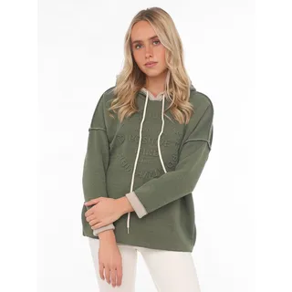 Hoodie ZWILLINGSHERZ "Positive Mind", Damen, Gr. L/XL (L/XL), grün (olive), Sweatware, Obermaterial: 75% Polyester, 20% Polyamid, 5% Elasthan, unifarben, comfort fit hüftlang, V-Ausschnitt, Sweatshirts Hoodie, Kapuze, 3/4 Arm, tonaler Schriftzug vorn, Kordelzug