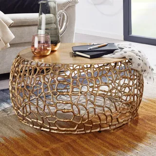 FineBuy Couchtisch Rund 66cm aus Aluminium & Metall Gold, Design Wohnzimmertisch mit organischer AST-Struktur, Moderner Sofatisch, Beistelltisch - Gold