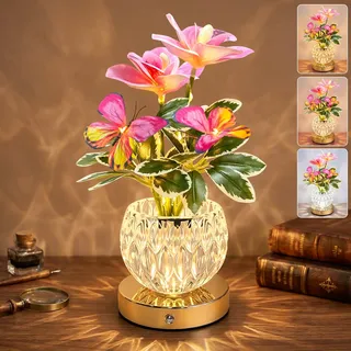 Maxspace Blumen Tischlampe Kabellos, 3 Farbtemperaturen Dimmbar Nachtlicht mit Tulpenblumen, Wiederaufladbare Nachttischlampe Touch mit Kristallvase für Party Wohnzimmer Schlafzi (Rosa - Cymbidium)
