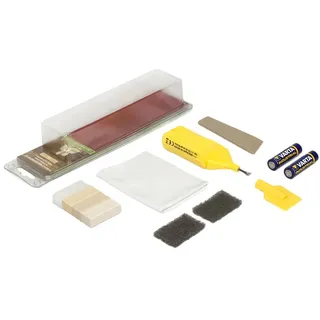 Picobello Reparatur-Set (Mini) | Lackierte Holzoberflächen I Farbset Hell mit 4 Hartwachs-Stangen I Geeignet für Laminat, Parkett, Möbel & Türen I Inkl. Batterie-Schmelzer & Zubehör I Made in Germany