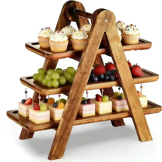 Holz Etagere Groß 3 Etagen, 43x42x17cm Rechteckiges Klappbares Buffet Serviergestell, Gestuftes Tablett aus Holz, Ideal als Servierständer und Tortenständer für Cupcake, Kuchen, Muffin, Snacks, Torten