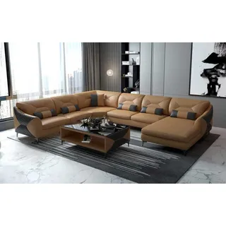 Groß Wohnlandschaft Sofa U Form Ecksofa Ledersofa Braun Kunstleder - Braun