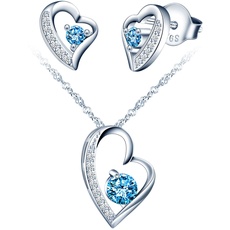 Yumilok Schmuckset Damen 925 Sterling Silber Halskette & Ohrringe Set, Herz Anhänger mit 45cm Kette & Ohrstecker mit blau Zirkonia für Mädchen