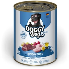 DOGGY Dog Paté Rind & Pute, 6 x 800 g, Nassfutter für Hunde, getreidefreies Hundefutter mit Lachsöl und Grünlippmuschel, Alleinfuttermittel mit Kartoffeln und Tomate, Made in Germany