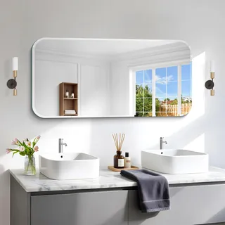 NIMURY Rechteckiger Wandspiegel, 120x60 cm rahmenloser Spiegel mit abgerundeten Ecken und geschnittenem Rand, für Badezimmer, Schlafzimmer und Wohnzimmer, horizontal und vertikal montierbar