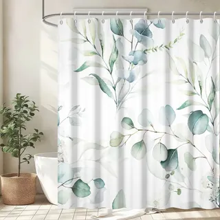 Duschvorhang Grün, Uiiooazy Duschvorhang Eukalyptus 240x180cm Blau Blätter Weiß Blumen Pflanzen Duschvorhänge Anti Schimmel Wasserdicht Polyester Stoff Waschbar Bad Vorhang mit 12 Haken für Badezimmer