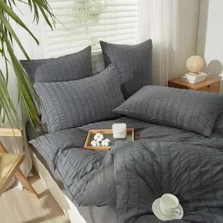 YASMENG Seersucker Bettwäsche 155x220 Grau Gestreift Bettwäsche Seersucker Weich Atmungsaktiv Mikrofaser Bettwäsche Modern Bettbezug Set 3 Teilig mit Reißverschluss und 2 Kissenbezüge 80x80 cm
