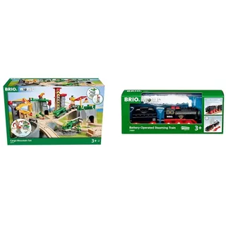 BRIO World 36010 Gebirgs-Frachten Set Deluxe - Eisenbahn-Spaß auf Mehreren Ebenen & World 33884 Batterie-Dampflok mit Wassertank