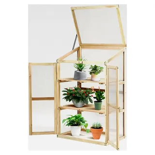 Holz Frühbeet mit 3 Ablagen, kleines Gewächshaus mit 2 Türen und Deckel, wetterfestes Pflanzenbeet für Garten und Balkon, 60 x 45 x 100 cm, Natur
