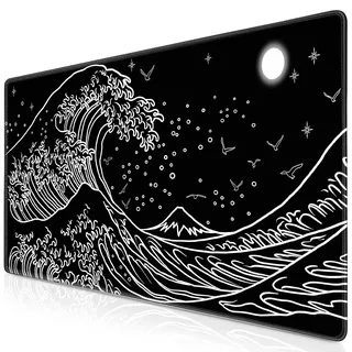 Abetcabe Gaming Mauspad XXL, Mousepad 900 x 400mm, Schwarz Japanische Meereswelle Mauspad groß Vernähte Kanten WassXerdicht Anti-Rutsch für PC, Laptop Verbessert Präzision und Geschwindigkei