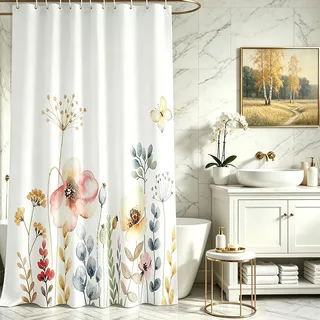 Lerores Duschvorhang 200x160cm, Blumen Pflanze Beschwerter Saum Antischimmel Textil, Wasserabweisend, Waschbar Polyester Stoff Badevorhänge für Badezimmer, Badewanne mit 12 Duschvorhangringe