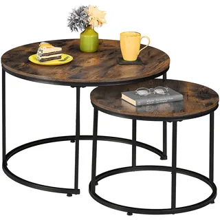 Relaxdays Satztisch, 2er Set, Holzoptik & Metall, Industrial-Design, runde Beistelltische, Wohnzimmer, braun/schwarz