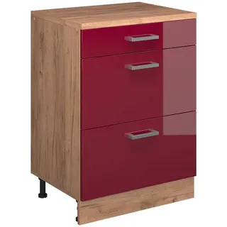 Vicco Erweiterungskommode Rion, Rot Hochglanz/Goldkraft Eiche, 60 x 46 cm ohne Schräge mit 3 Schubladen , Rot, Honigeiche , Holzwerkstoff , Rechteckig , 60x83.8x46 cm , Kleinmöbel, Kommoden, Kommoden