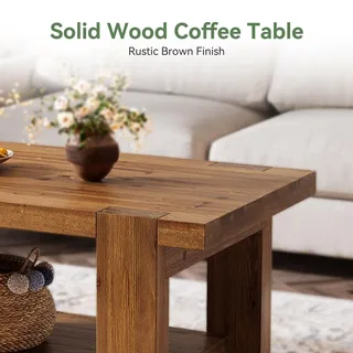 Tribesigns Massivholz Couchtisch 120 x 60 cm, 2-stufiger Rechteck Landhaus Wohnzimmertisch mit Stauraum, rustikaler Mitteltisch für Wohnzimmer - Braun