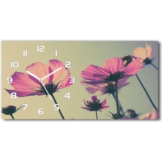 Wanduhr aus Glas – 60x30 cm - Glasbild - Glasuhr - Gehärtetes Glas - weisse-zeiger - Pinke Blumen