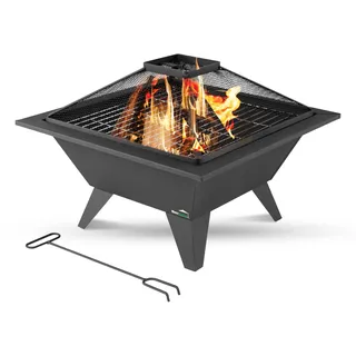 MaxxGarden Feuerschale - Für Den Garten - 53x53 cm - Outdoor Feuerstelle mit Stab - Feuerstelle Garten - Faltbare mit Grillrost - Mit Funkenschutz - Stahl - Schwarz