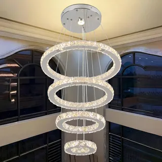Finktonglan LED Kristall Kronleuchter, 4 Ringe (Ø 20/30/40/50 cm), 67 W, Warmweiß 2700–3500 K, höhenverstellbar bis 120 cm, Edelstahl/K9, Pendelleuchte für Wohn- & Essbereich