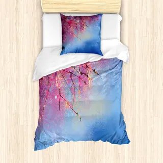 ABAKUHAUS Blume Mantele, Sakura Frühling, Milbensicher Allergiker geeignet mit Kissenbezügen, 135 cm x 200 cm - 80 x 80 cm, Pink Blau - Blau