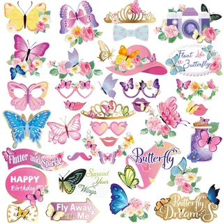 Easy Joy 36 Stück Schmetterling Foto Requisiten,Fotobox Accessoires,Party Foto Booth Requisiten Dekoration für Hochzeit,Frühling Deko,Geburtstagsdeko Mädchen,Party Dekoration Zubehör