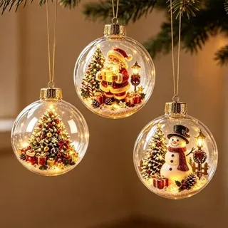 3er Weihnachtskugeln Beleuchtet, Acryl Weihnachtsdeko Kugeln mit Licht (A) | 8cm LED Christbaumkugeln Weihnachtsbaum Deko Baumkugeln Weihnachten Baumschmuck Weihnachts Kugel mit Mini Weihnachtsszenen