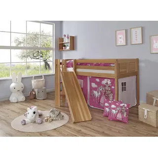 TICAA Hochbett Ekki 179 x 113 x 205 cm Buche massiv lackiert beige/pink