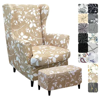 Alishomtll 3 Teilig Ohrensessel Überzug Mit Ottomane Schonbezug Stretch Sessel-Überwürfe Elastisch Sesselhusse Strandmon Tiger Stuhlbezug mit Armlehne Hohe Rückenlehne Universal (Khaki)