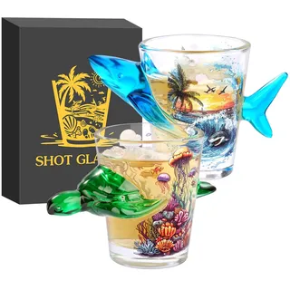 Schildkröten & Haimotiv Glas-Schnapsgläser, 50 ml, 2er-Set mit Geschenkbox | Einzigartiges Schnapsglas der Ocean-Serie, für Whiskey, Vodka, Tequila und Brandy, Hochzeit, Party, Geburtstag, Grün & Blau