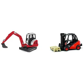 bruder 02432 - Schaeff HR16 Minibagger - 1:16 Baustelle Baufahrzeug Löffelbagger Arbeiter bworld Baumaschine Spielzeug & 02511 - Linde Gabelstapler H30D mit Anhängerkupplung & 2 Paletten