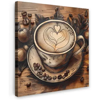 MuchoWow Leinwandbild Kaffee - Vintage - Braun - Tasse - Holz Deko Groß 90x90 cm , Textil , Kiefer , Abstrakt , Quadratisch , 90x90 cm , FSC 100% , gerahmt , Bilder & Rahmen, Bilder, Leinwandbilder